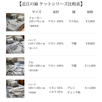 近江の麻 リネン&シルクケット プレミアム 105×150cm ハーフ / 枕カバー 45×90cm  リネン55%､シルク45% 麻織物の美しさ 快眠 冷房対策